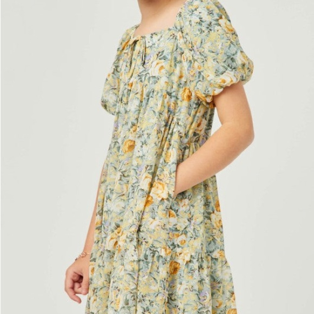 Hayden Los Angeles Girls 7/8 Floral Puff Sleeve Tie Front Tiered Dress Mint S